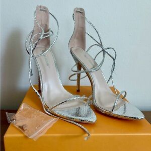 Public Desire Metallic Silver Snake Lace-Up Barely There Heels